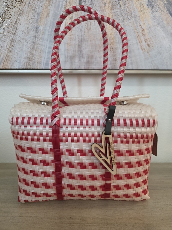 Maria Victoria Handbags - Red & White Woven Tote Bag with Braided Handles Rare Hard To Find
